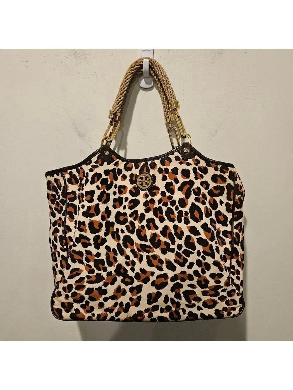 Women's Tory Burch Leopard Print Large Tote Bag Rope Handles Brown Beige